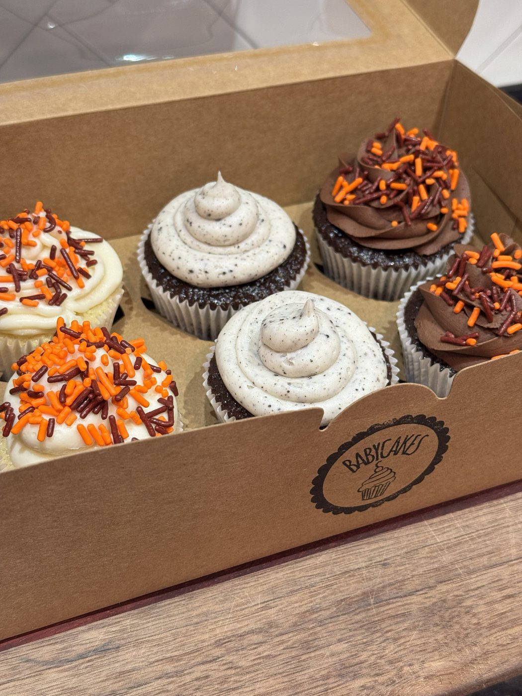 The Campus Box: six scratch-made cupcakes in maroon and orange
