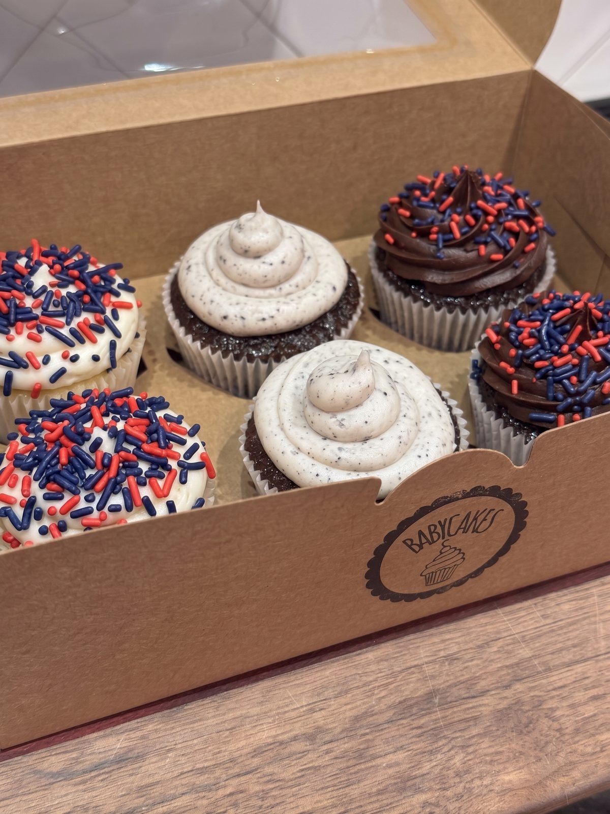 The Campus Box: six scratch-made cupcakes in red and navy